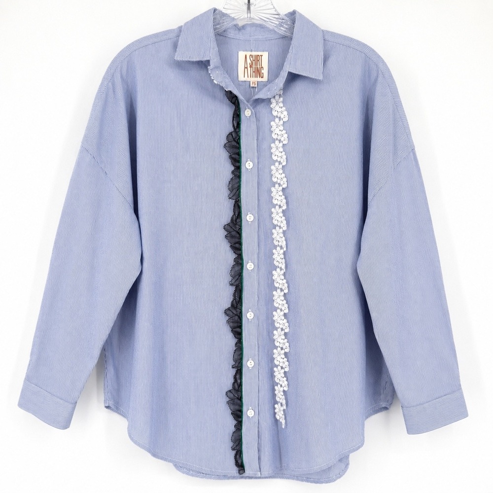 NWT A Shirt Thing Davis Button Down Blue Pinstripe Lace Metallic Trim Boxy S